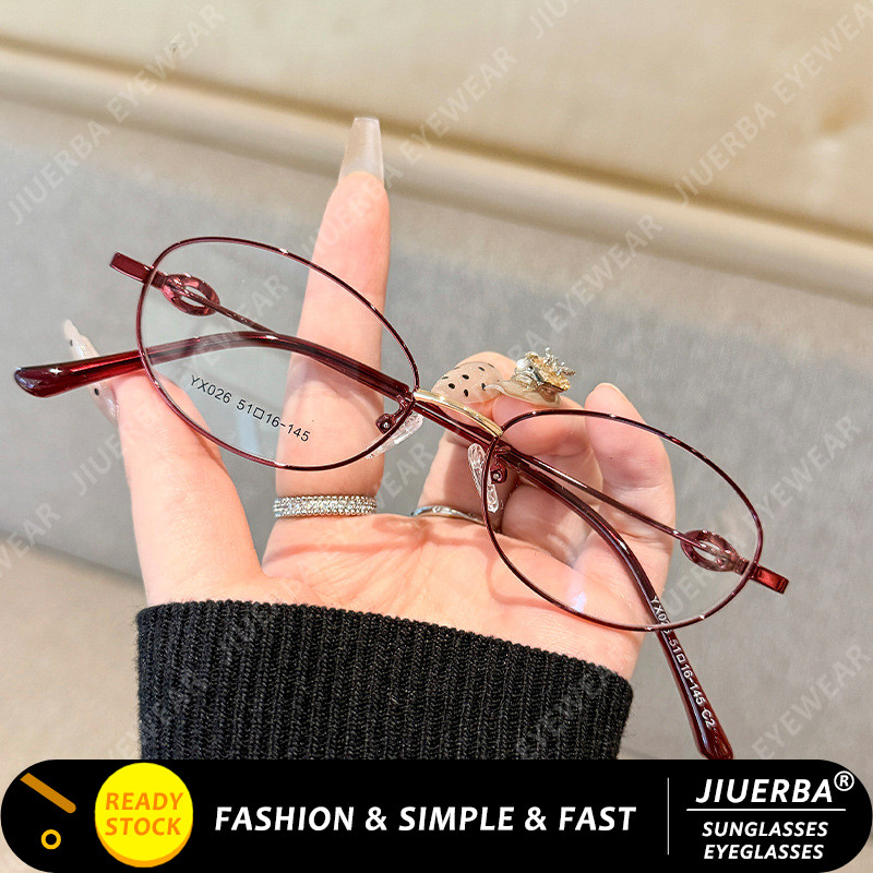 (JIUERBA) Óculos De Metal Leves Para Mulheres Retrô Vermelho Oval Armação Pequena Anti-Luz Azul em Oferta na Shopee