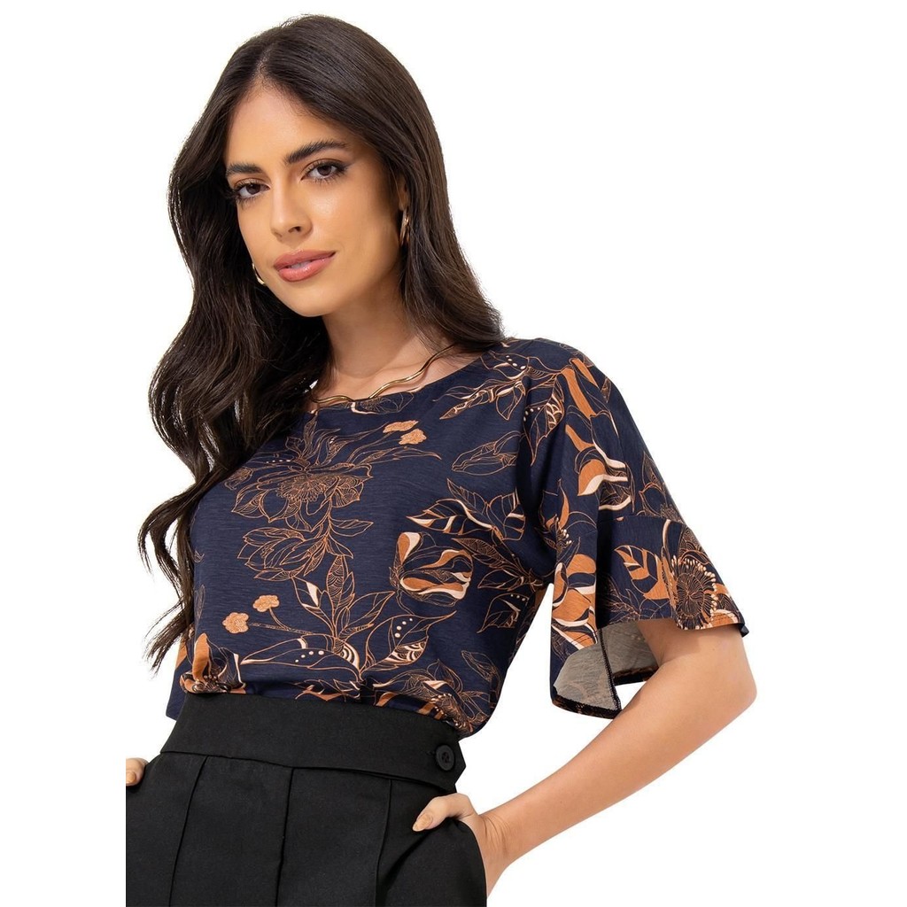 Blusa Malha De Viscose Floral Artístico Colorido Quintess em Oferta na Shopee