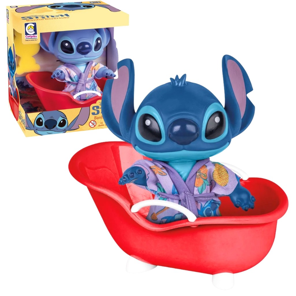 Boneco Stitch Articulado Em Vinil Disney C/ Esponjinha Da Xepa, Roupão e Banheira - Lançamento - Cotiplás