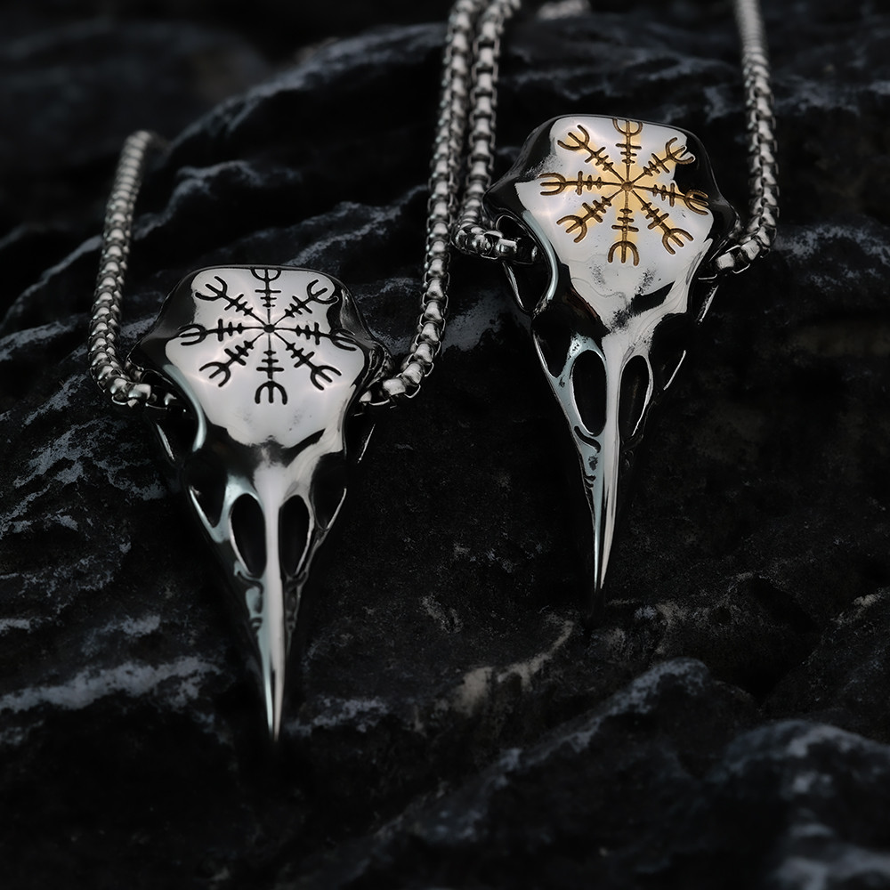 Viking Corvo Cabeça Runa Titânio Aço Corrente Na Moda Masculino Retro Personalidade Colares Acessórios