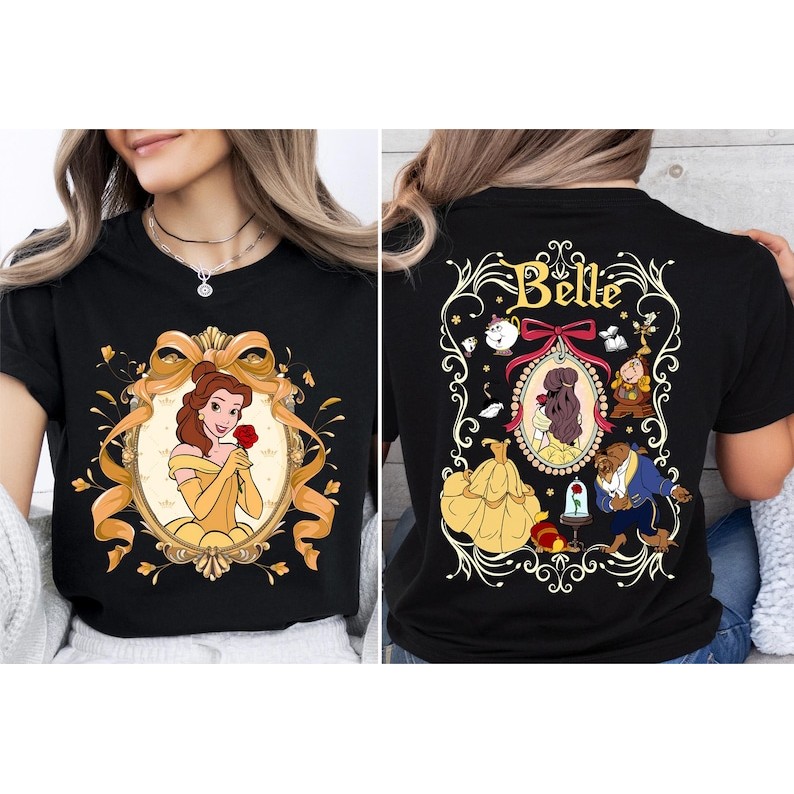 Camiseta preta solta unissex | Estampa de estilo cortejo retro da Bela e a Fera - Camisa casual de conto de fadas