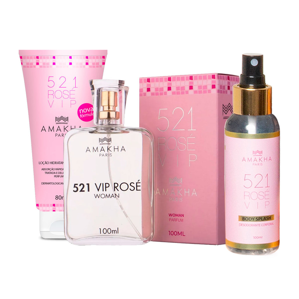 Kit Luxo 521 Vip Rose Feminino: Perfume 100ml + Body Splash + Hidratante | Amakha Paris em Oferta na Shopee