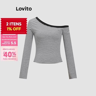 (Trendy) Lovito Camiseta Casual Listrada Colorblock Ombro Frio Camiseta De Verão Para Mulheres L110AD1497 em Oferta na Shopee