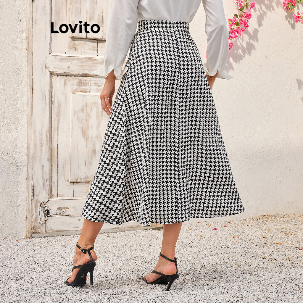 (Trendy) Lovito Saia geométrica com zíper Houndstooth casual para mulheres LBL18736 - Women Clothes