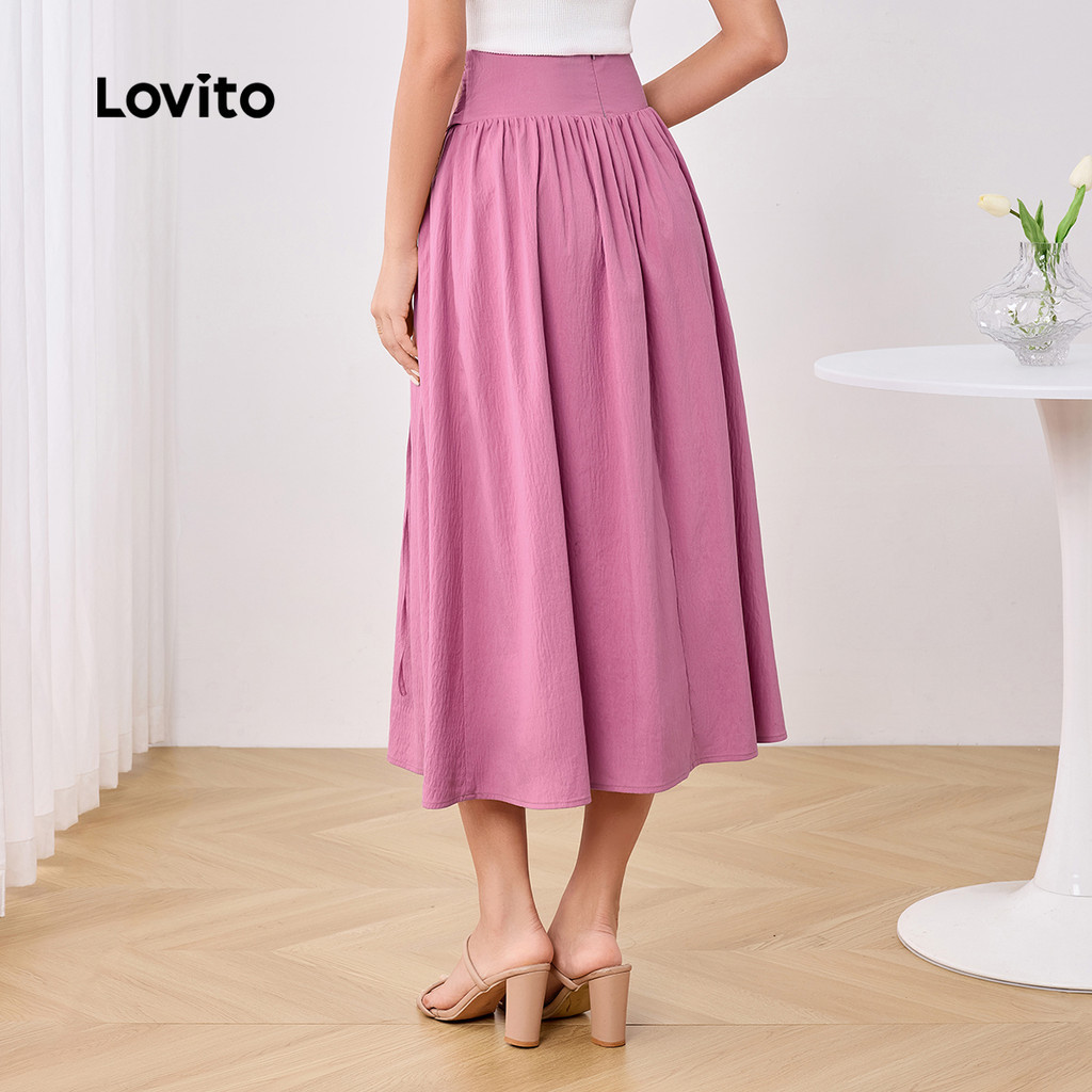 (Trendy) Lovito Elegantes Ilhós Lisos Com Cadarço Para Todas As Estações Saias Rosa Para Mulheres LBL25078 - Women Clothes