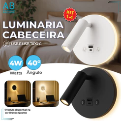 Luminária Arandela Cabeceira Led 8W Recarregável Branco ou Preto Luz Quente Ajustável Bivolt
