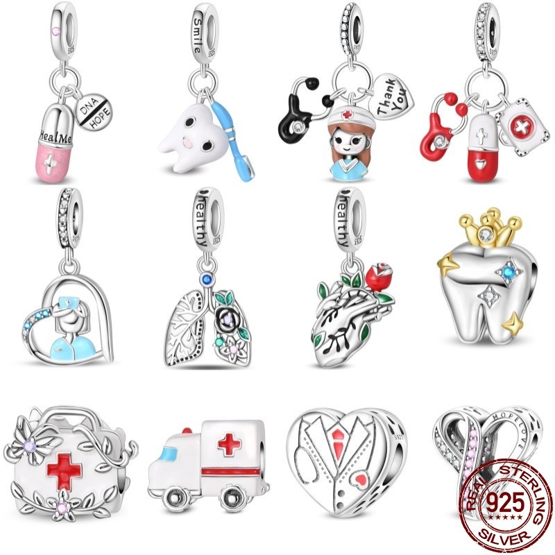 Original s925 prata grato enfermeira pingente manter dentes saudáveis pingente compatível pulseira produção DIY