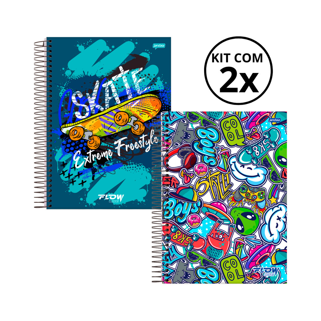 Kit 02 Cadernos Universitário 15 Matérias 240 Folhas Flow - Jandaia CAPA:Skate/Boys