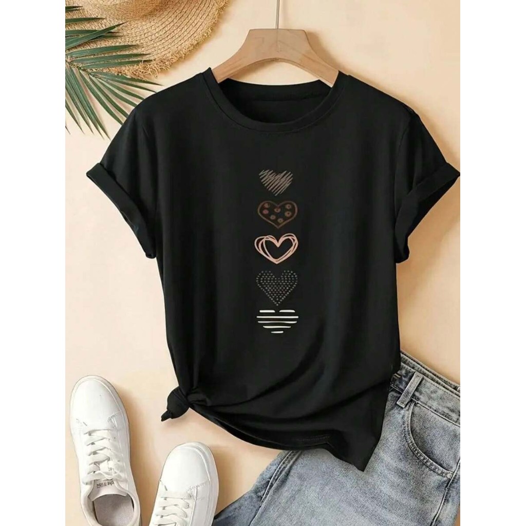 feminina oversized streetwear camiseta manga curta varios coracoes estampados aesthetic