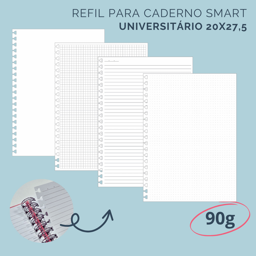 Refil para Caderno Smart Universitário – 50 folhas – 90g – Branco, Pautado, Pontado ou Quadriculado em Oferta na Shopee