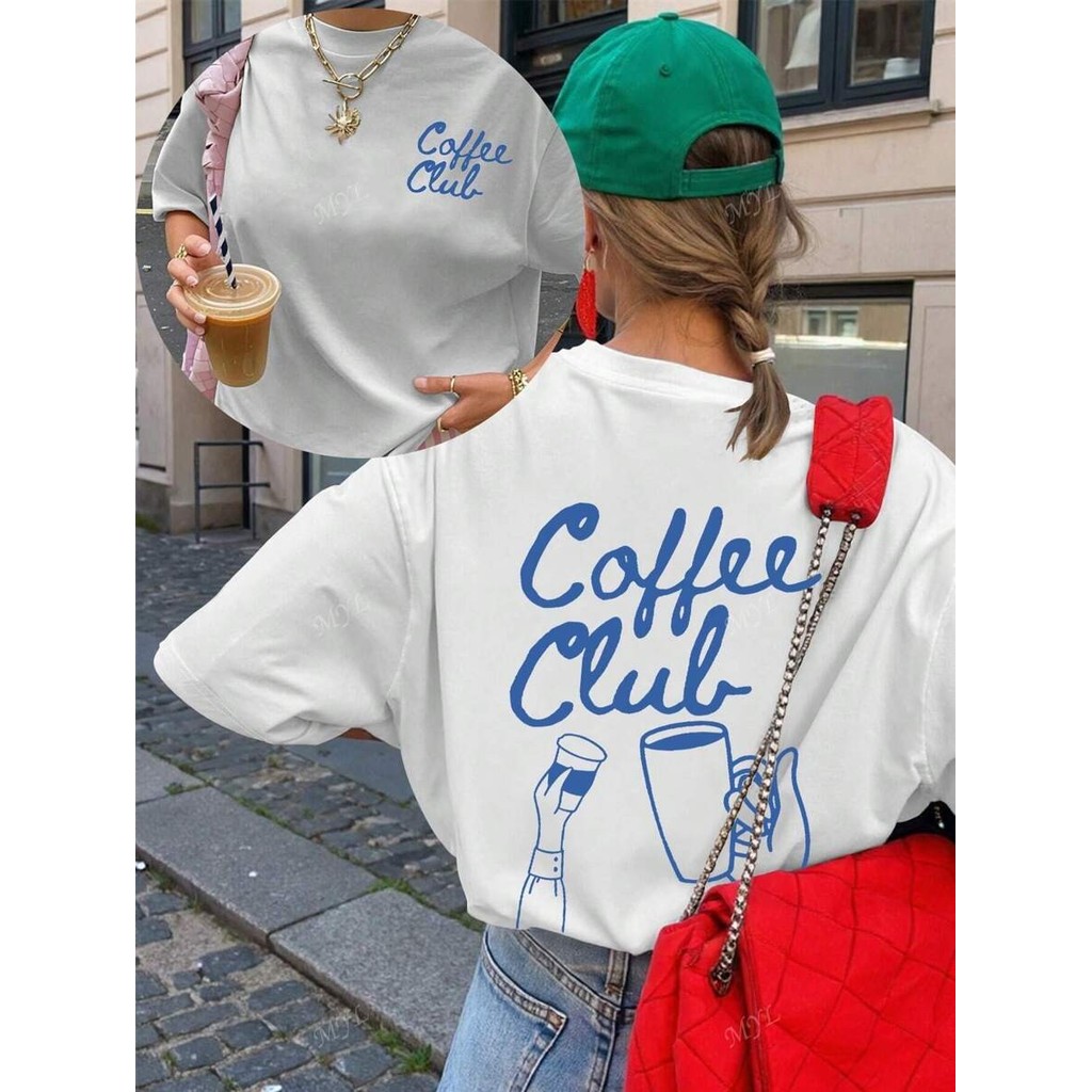 feminina oversized streetwear camiseta manga curta estampa cafe club aesthetic