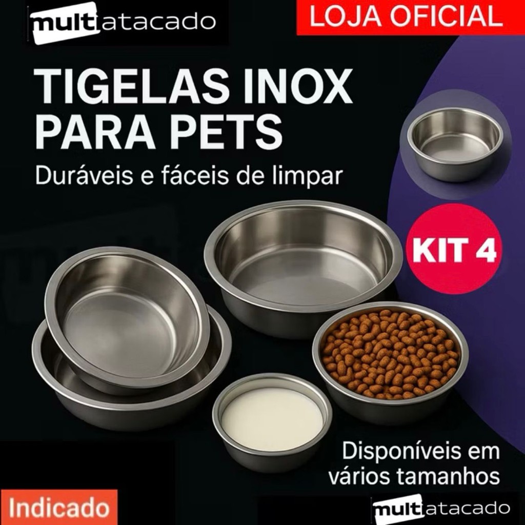1,2,3,4 Pote VASILHA VIP De Inox 300ml/700ml/1300ml pote inox para culinária, pote de ração tijela