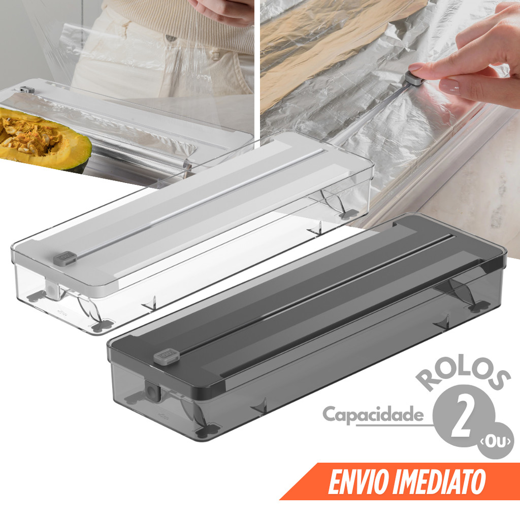Organizador de Rolos Duplo e Cortador de Plástico Filme e Papel Alumínio Manteiga Ou 