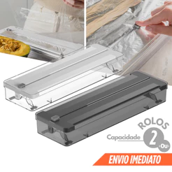 Organizador de Rolos Duplo e Cortador de Plástico Filme e Papel Alumínio Manteiga Ou