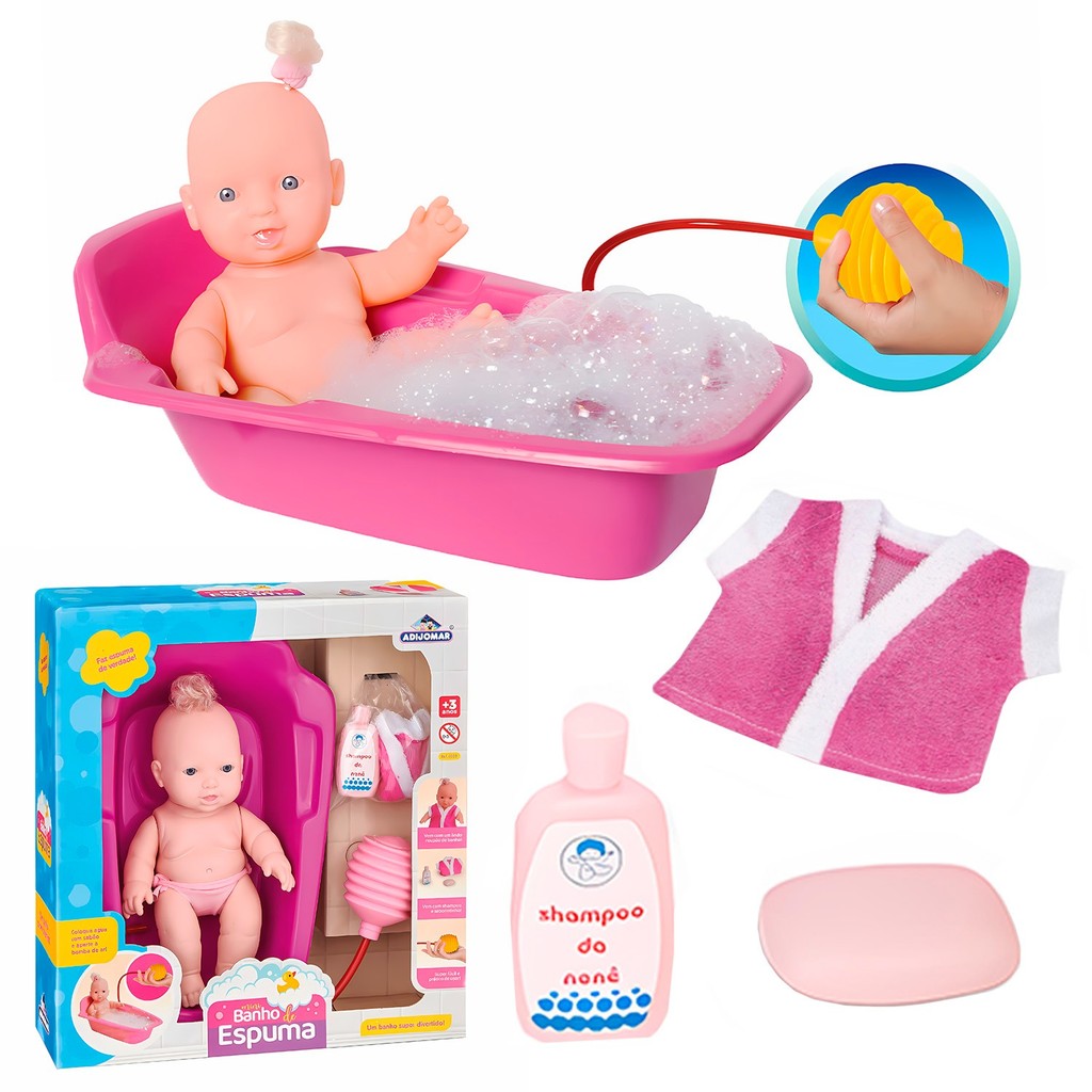 Boneca Kit Banho Infantil Com Banheira Rosa Roupão Sabonete Shampoo E Bomba Que Faz Espuma Adijomar