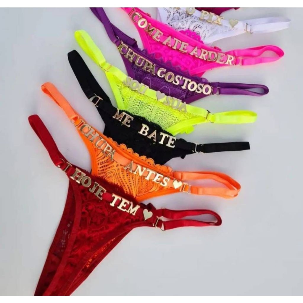 Kit 3 Calcinhas Com Palavras Fio Dental Regulagem Lateral Lingerie Renda Frases Letras Em Strass