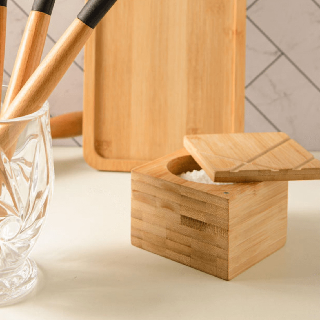Saleiro Porta Sal de Mesa Quadrado de Bambu com Tampa Lyor 9x9x7cm Requintado Mesa Posta Luxo Tampa Giratória Fixa