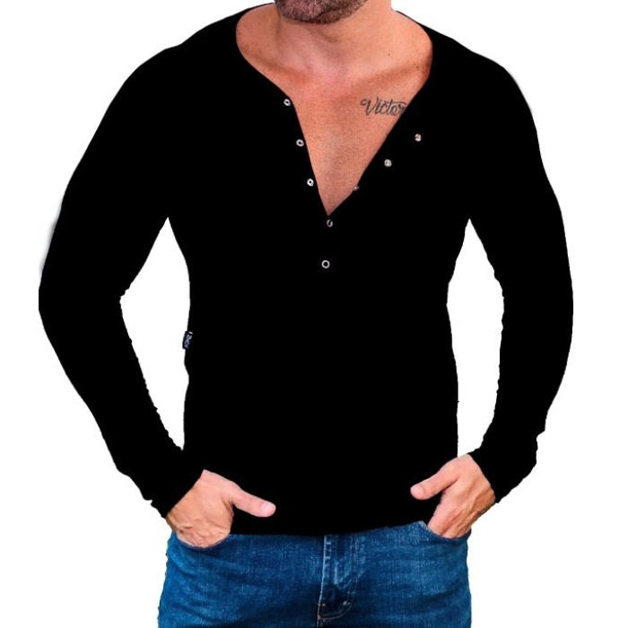 Camisa Henley Masculina Blusa de Botão Camiseta Slim Básica Manga Longa Comprida Viscose Elastano