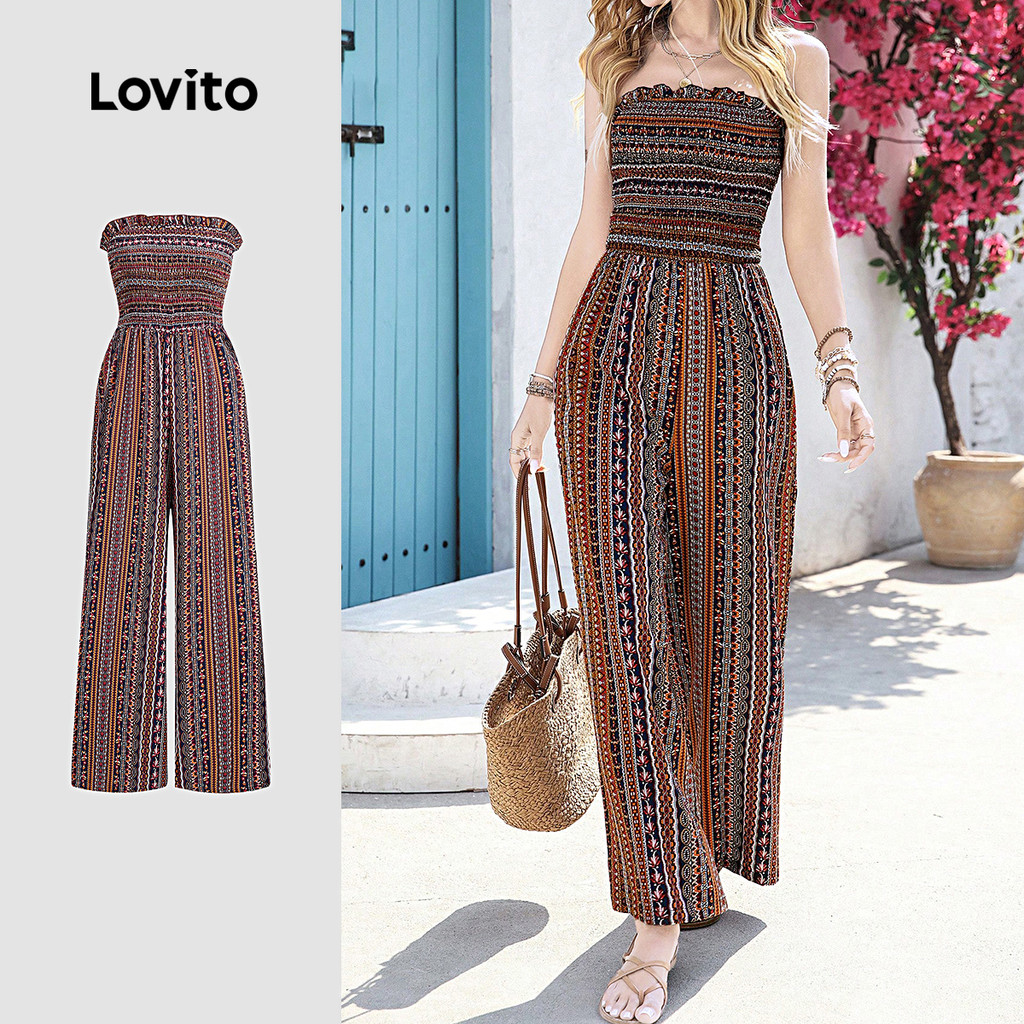 (New) Lovito Macacão Boho com Babados e Franzidos Macacão de Primavera/verão para mulheres L142ED828 em Oferta na Shopee