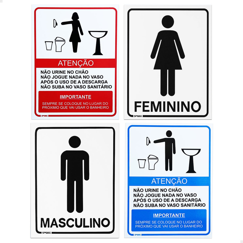 4 Placas Sinalização Banheiro Feminino Masculino Regras