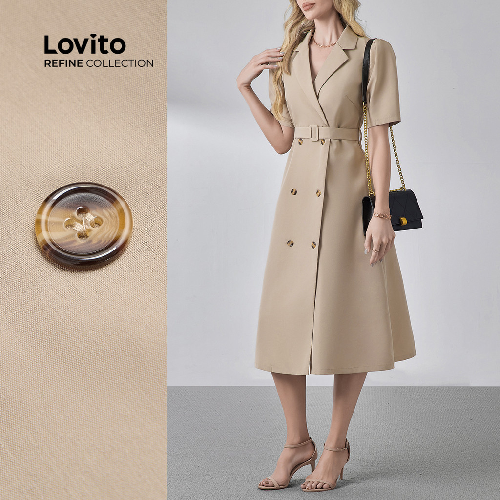 (NEW) (Lovito Refine) Vestido Elegante de Botão com Cinto para Primavera/verão  em Cáqui  para mulheres LR13L096 em Oferta na Shopee