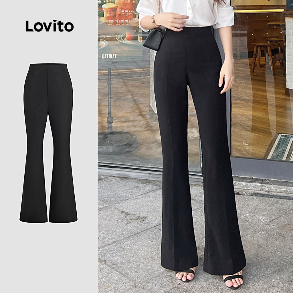 (New) Lovito Calças Elegantes com Zíper Linha Estrutural Todas As Estações Calças Pretas para mulheres L142ED811 em Oferta na Shopee