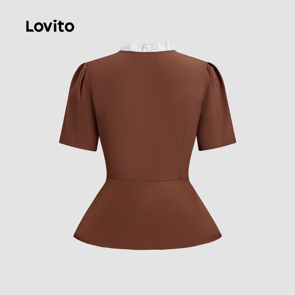 Detalhes do Lovito Camisa Feminina Elegante Colorblock para Trabalho em Marrom para Primavera/Verão L143ED276