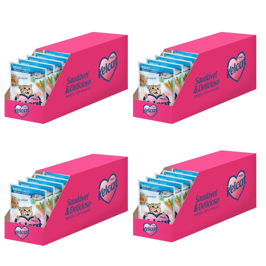 Kit 4 Caixas com 20un Ração Úmida Kelcat Sachê Peixe, Ervilha e Cenoura 85g