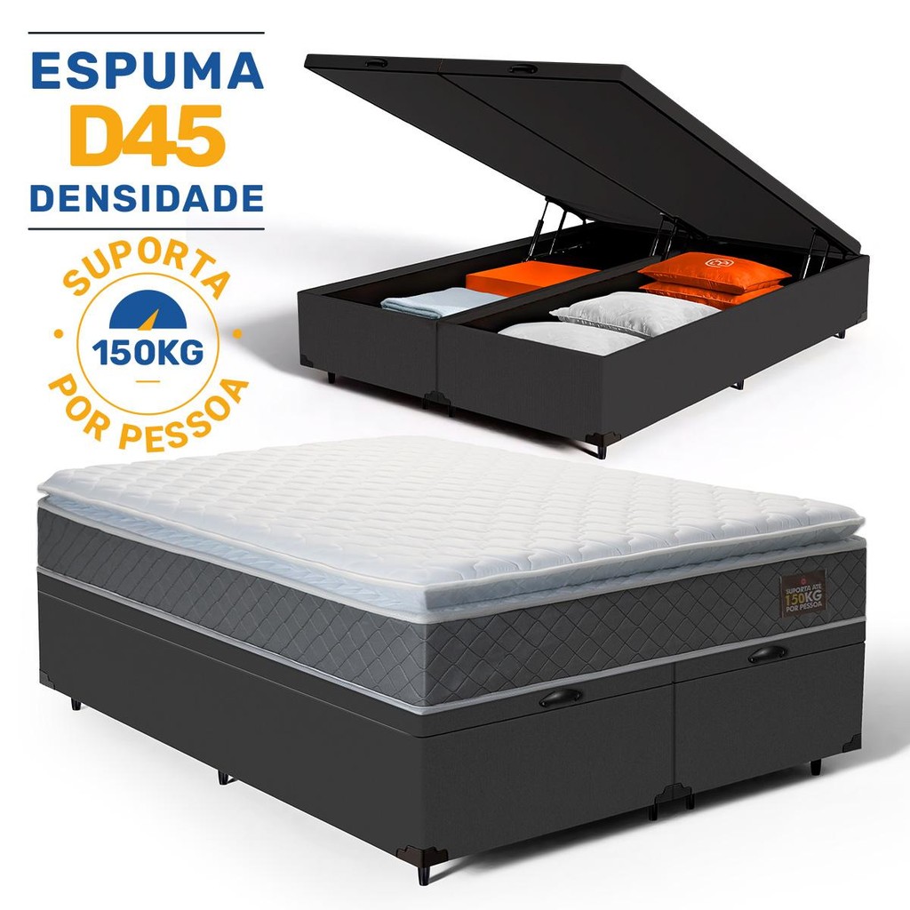 Cama Box Baú com Colchão de Espuma D45 Pillow Top King 193cm em Oferta na Shopee
