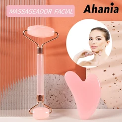 Rolo Pedra Rosa Rolinho de Massageador Facial Pedra Rosa Pedra GuaSha - Facial Anti Rugas Massagem Facial Coporal