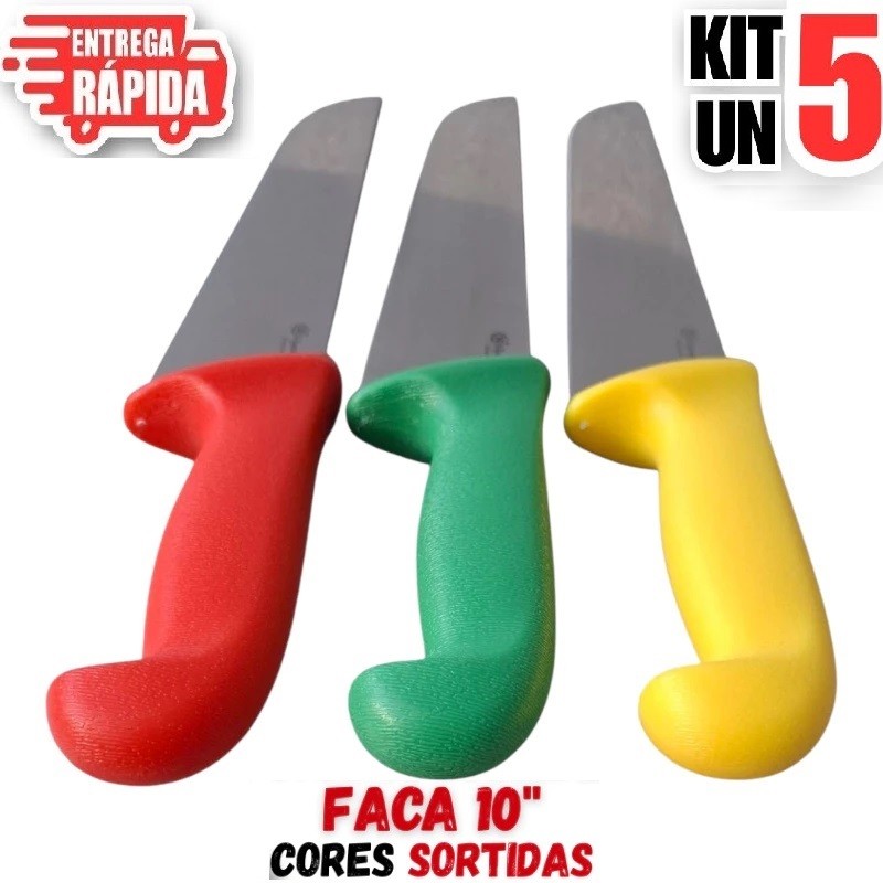 5 Unidades Faca Cabo diversa cores 10" Aço Inox Açougueiro Profissional Churrasqueiro Cozinha