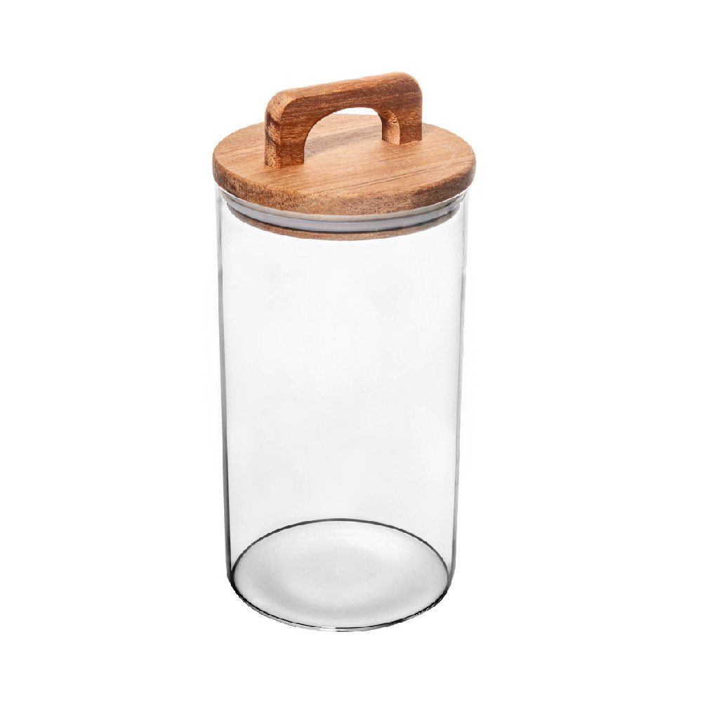 Pote de Vidro Wolff 1250ml com Tampa de Madeira Organizador Hermético Porta Condimentos Cozinha Grãos Sucrilhos Sementes Arroz Feijão Mesa Posta Bancada Cozinha Armário