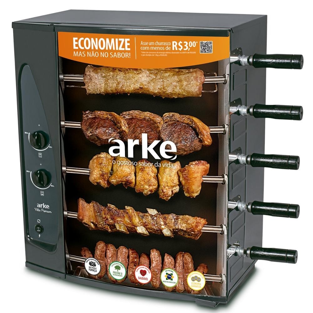 Imagem Churrasqueira a Gás GLP Apartamento Rotativa Arke Com 5 Espetos Acendimento Automático Assador
