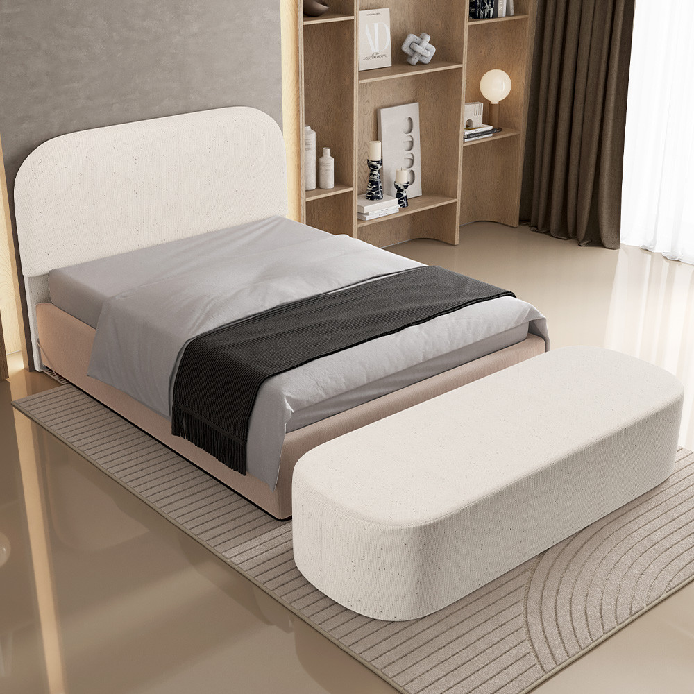Cabeceira Cama Box King 195cm Lanna com Puff Recamier Doha W01 Linho Cru - Lyam Decor