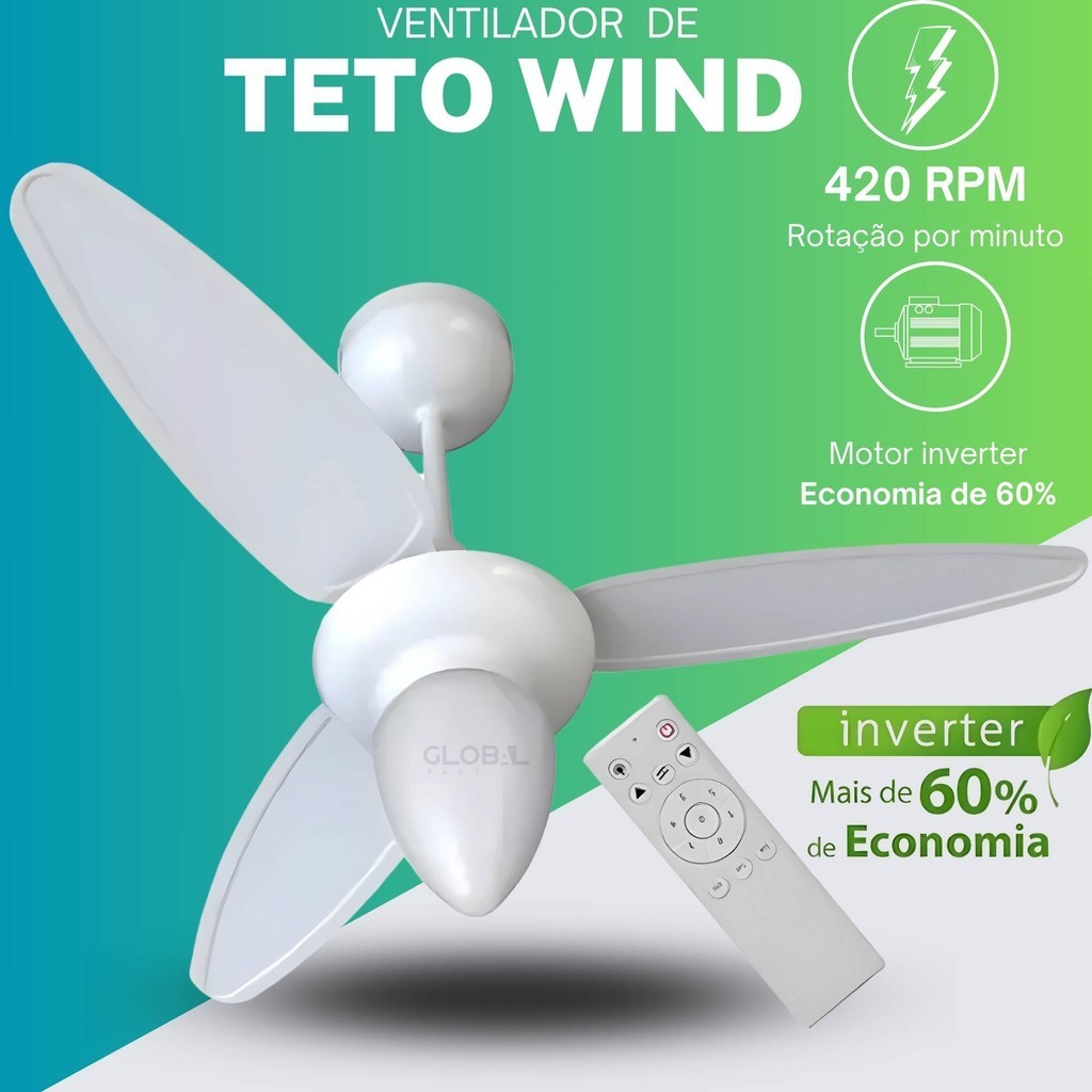 Ventilador de Teto Ventisol 3 Pás Inverter Silencioso Bivolt Wind Branco Controle Remoto 6 Velocidades ponente branco em Oferta na Shopee