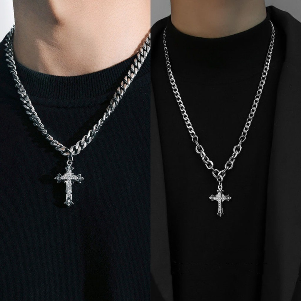 [Opening hit] Popular cross pendant necklace for men and women couples high-end Cuban chain sweater chain strip accessories