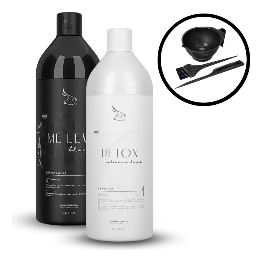 Kit Escova Progressiva E Shampoo Detox Zap Me Leva Black 2l