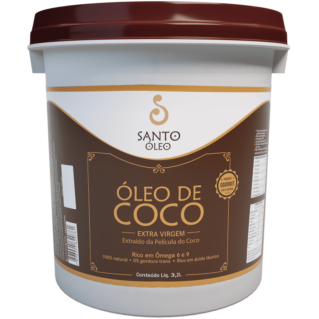 Óleo de Coco Extra Virgem Extraído da Película do Coco Ômega 6/9 100% Natural 0% Gorduras Trans Rico em ácido láurico 3,2L Balde