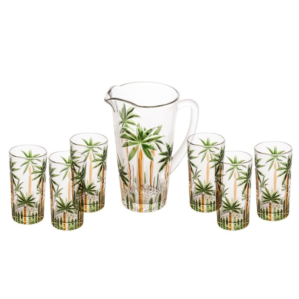 Detalhes do Jarra com 6 Copos Wolff Palm Tree em Cristal Handpaint Conjunto Premium