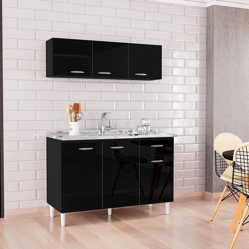 Balcão De Pia E Armário Aéreo 120 Cm Preto - Poquema em Oferta na Shopee