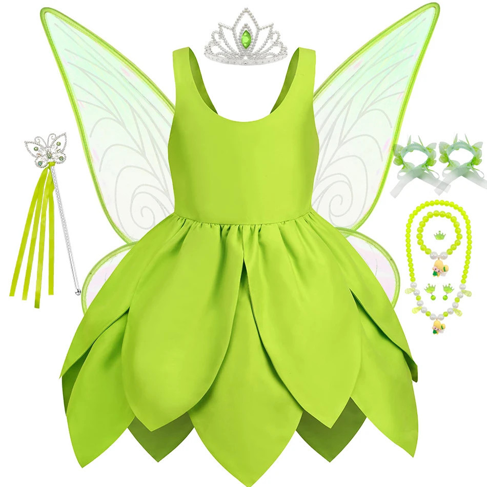 DYAA Meninas Tinker Bell Traje Criança Fada Verde Princesa Fantasia Tinkerbell Vestido Festa De Aniversário Halloween Co