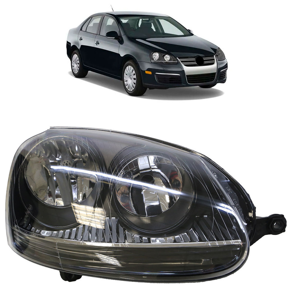 Farol Dianteiro Jetta 2005 2006 2007 2008 2009 2010 Máscara Negra Lente Lisa em Acrílico Foco Duplo