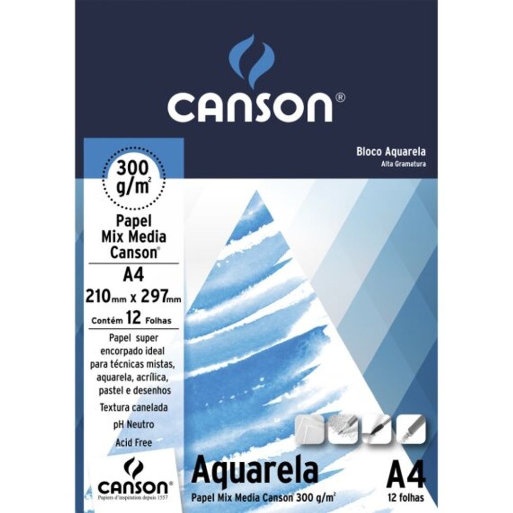 Bloco Aquarela Canson A4 300g 12 Folhas Textura Fina Papel Artístico Profissional Livre de Ácido