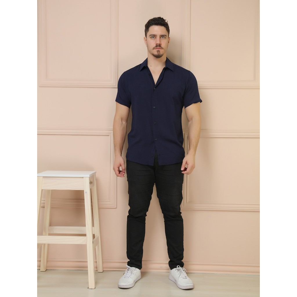 Camisa Social Masculino Manga Curta De Botão Lisa