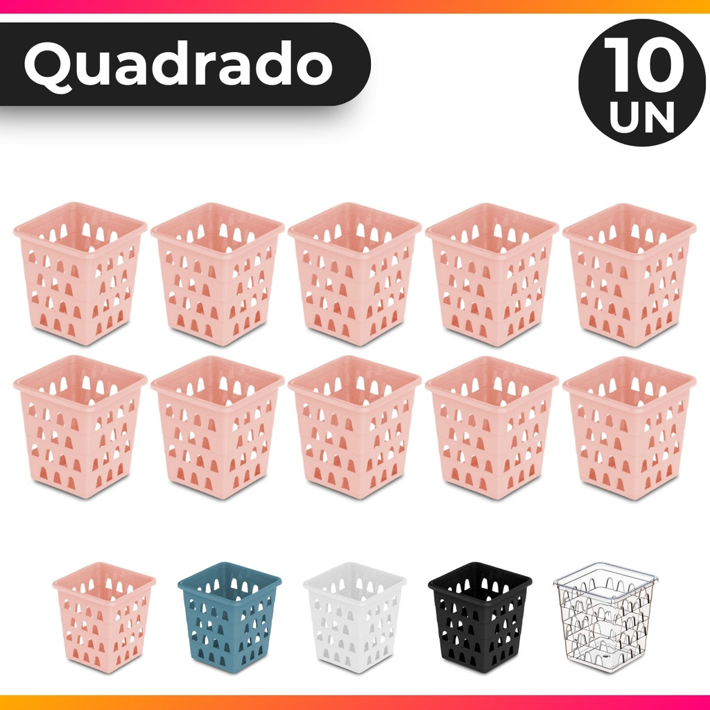 Kit 10 Cestos Organizador Multiuso Quadrado Alto 10,5x10,5x11 Rosa Preto Transparente Etc - Uninjet