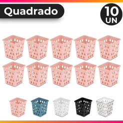 Kit 10 Cestos Organizador Multiuso Quadrado Alto 10,5x10,5x11 Rosa Preto Transparente Etc - Uninjet