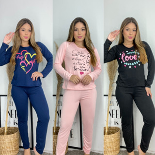 KIT3 Pijamas Longos de Inverno Feminino em SUEDE Liso em Oferta na Shopee