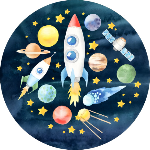 NOVO Painel Festa Infantil Redondo Espaço Foguetes, Satélites, Planetas Aquarela + Arco, Suporte incluso. Fazemos personalizado com qualquer tema. Confeccionado em Lona fosca, impressão de alta resolução. cenário , p/ Decoração