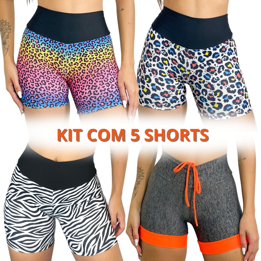 kit com 5 Short Fitness academia malhação Cós Alto estampado suplex