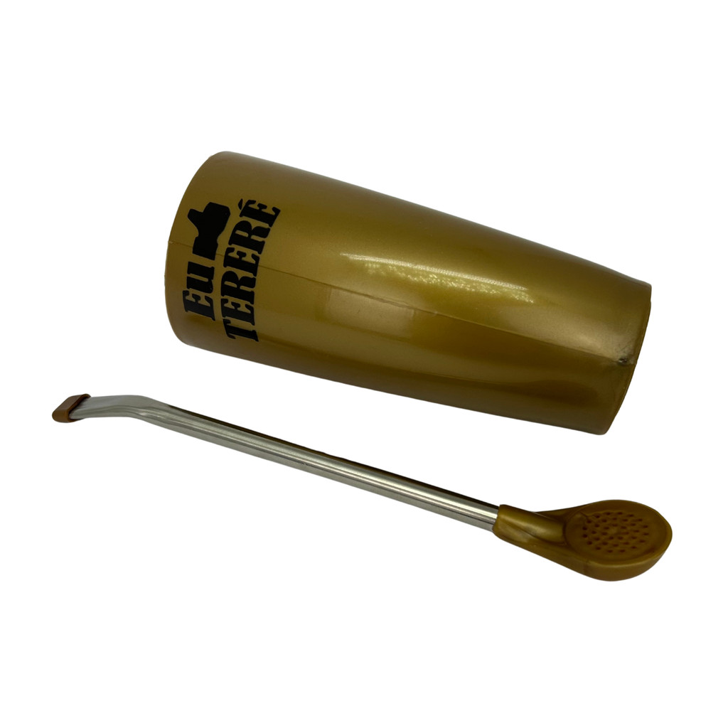 Kit tereré guampa plástica dourada 300 ml + bomba simples de ferro e plástico dourada kit perfeito para todos os dias